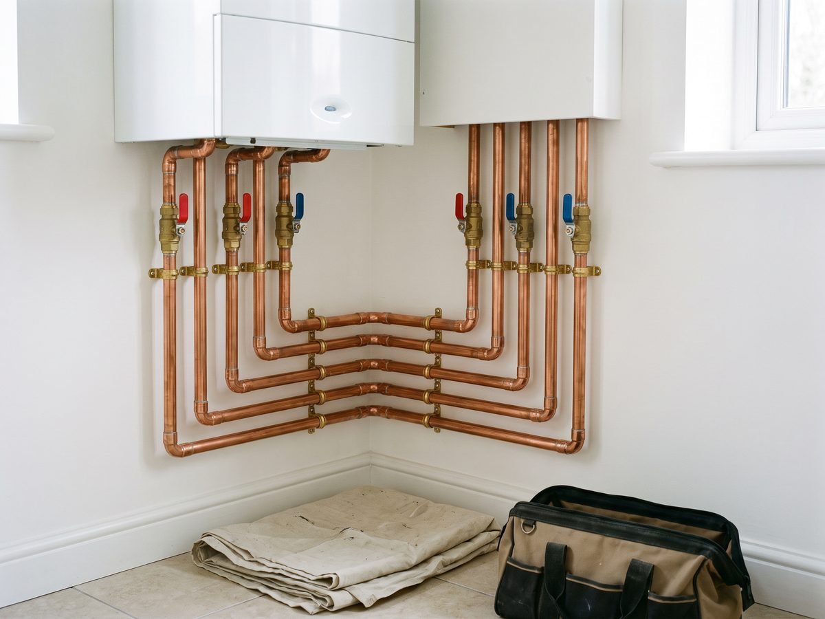 Neatly finished copper pipework on a completed boiler installation in Chesterfield