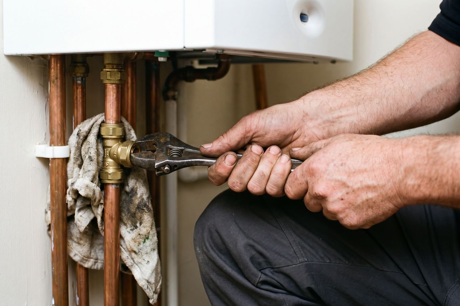 Boiler replacement being fitted in a Chesterfield kitchen