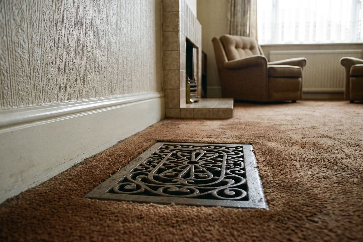 Old warm air heating floor grille in a Chesterfield living room