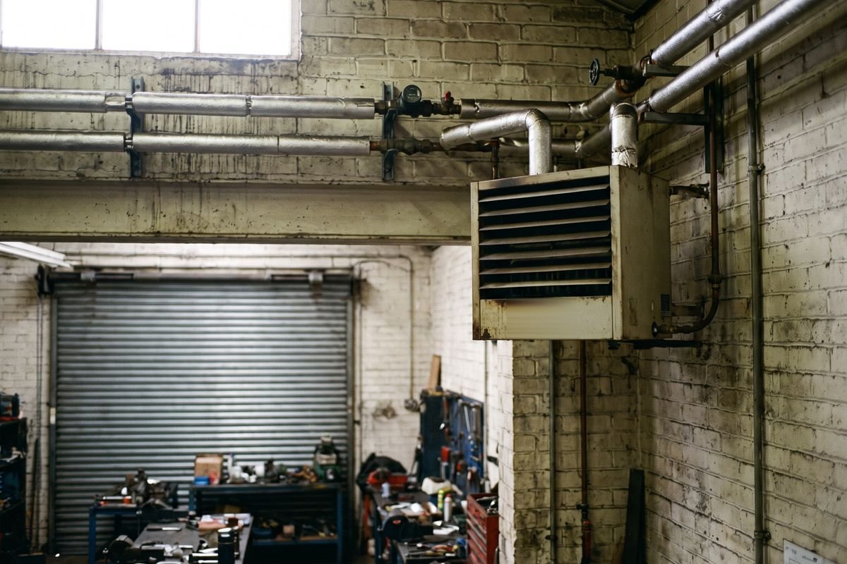Gas-fired unit heater and pipework in a workshop unit near Chesterfield
