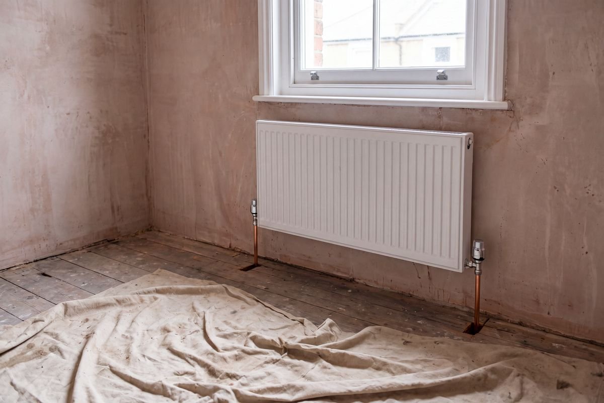 New radiator fitted during a central heating installation near Chesterfield